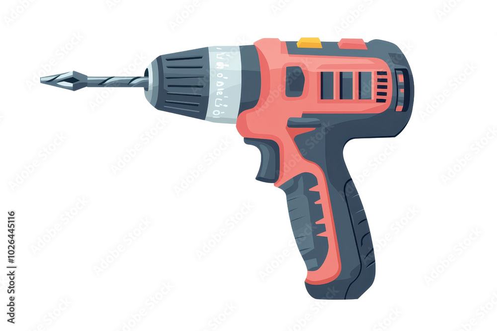 Illustration of a red and black cordless drill with a drill bit, ideal for construction, DIY projects, or home improvement tasks. Illustration of a red and black cordless drill with a drill bit, ideal for construction, DIY projects, or home improvement tasks.