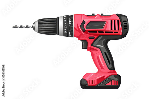 Illustration of a red and black cordless electric drill with a drill bit, isolated on a transparent background. perfect for construction themes. photo