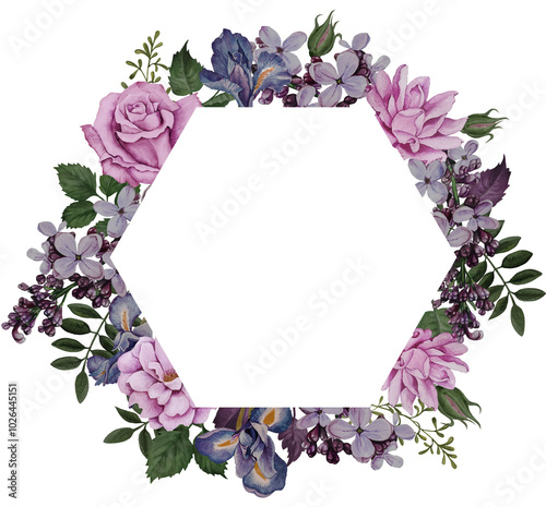 Romantic frame with beautiful watercolor flowers and leaves. Hexagon border of pink peones, lilacs and blue irises for wedding decor, cards, stickers and prints.