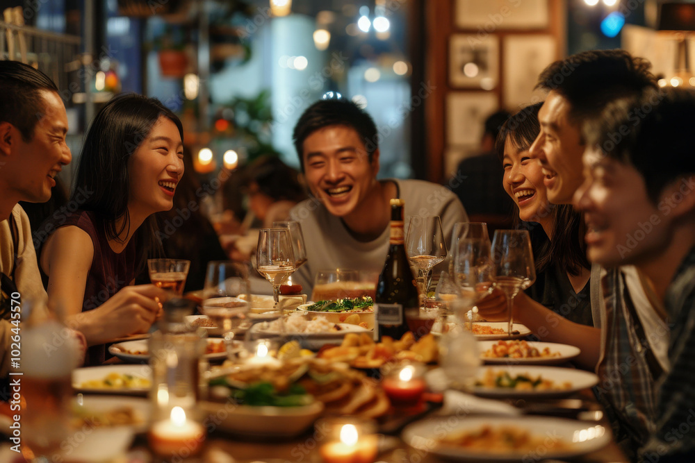 Group of asian friends enjoying a meal in a restaurant with a lot of laughter Group of asian friends enjoying a meal in a restaurant with a lot of laughter