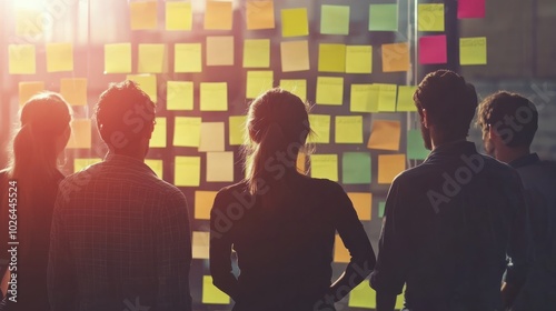 Creative Business Team Brainstorming in Front of Wall of Sticky Notes