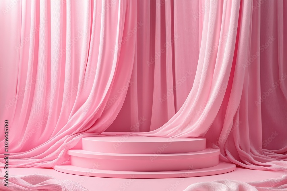 Elegant pink podium with soft curtains and pastel decor in a soft, ambient setting