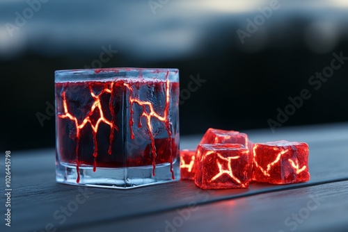 Hyper-realistic bloody drink with dripping fake blood on the glass, where every drop and smear looks disturbingly real, paired with glowing red ice cubes photo