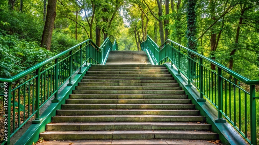 Panoramic staircase with green iron railings and trees in background Panoramic staircase with green iron railings and trees in background