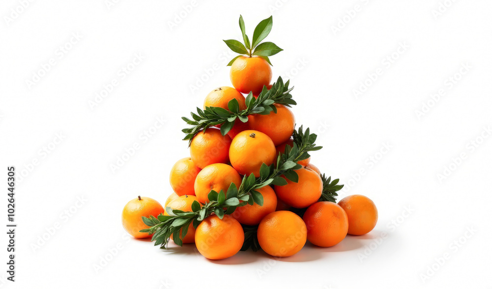 tangerines with green leaves are laid out in the shape of a Christmas tree on a white background tangerines with green leaves are laid out in the shape of a Christmas tree on a white background