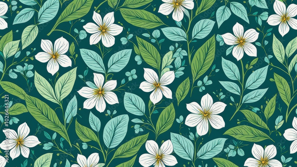 A floral pattern featuring white flowers and green leaves on a dark background. A floral pattern featuring white flowers and green leaves on a dark background.
