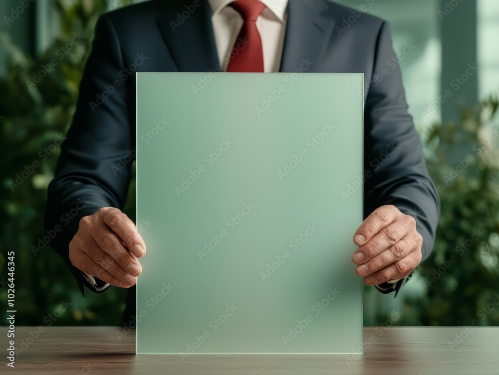 Businessman Holding Blank Glass Panel in Office Setting Businessman Holding Blank Glass Panel in Office Setting
