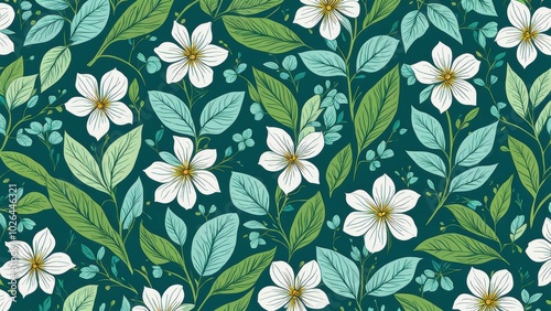 A floral pattern featuring white flowers and green leaves on a dark background.