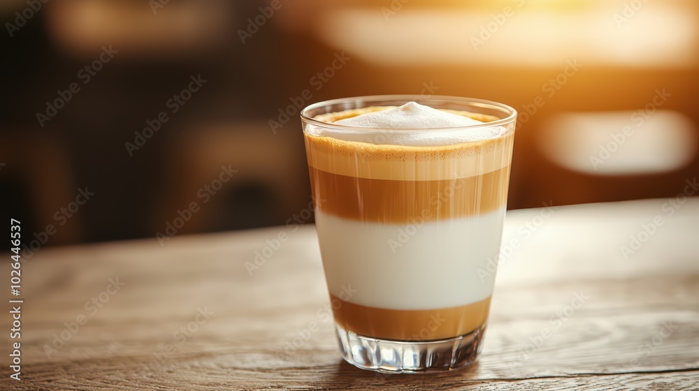 A beautifully layered latte in a glass cup, showcasing creamy textures and rich colors, set on a rustic wooden table. A beautifully layered latte in a glass cup, showcasing creamy textures and rich colors, set on a rustic wooden table.