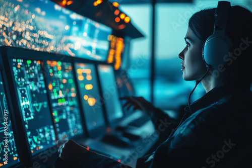 A side view of logistics personnel communicating with air traffic control to ensure efficient cargo plane departures photo