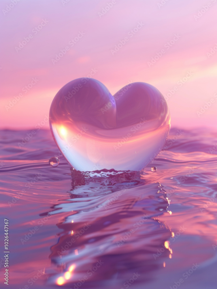 Fototapeta premium A glossy heart-shaped glass object floats on calm, pink water under a dreamy sunset sky with soft clouds.