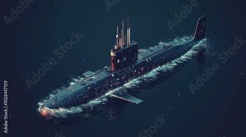 A black submarine with a periscope and antennas on a blue background. It is surrounded by white waves that create a sense of movement and speed.