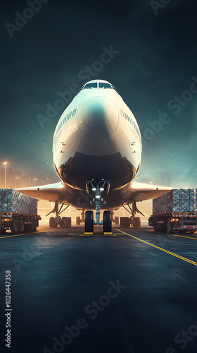 A front view of a fully loaded cargo plane, standing at the airport gate, with trucks delivering freight