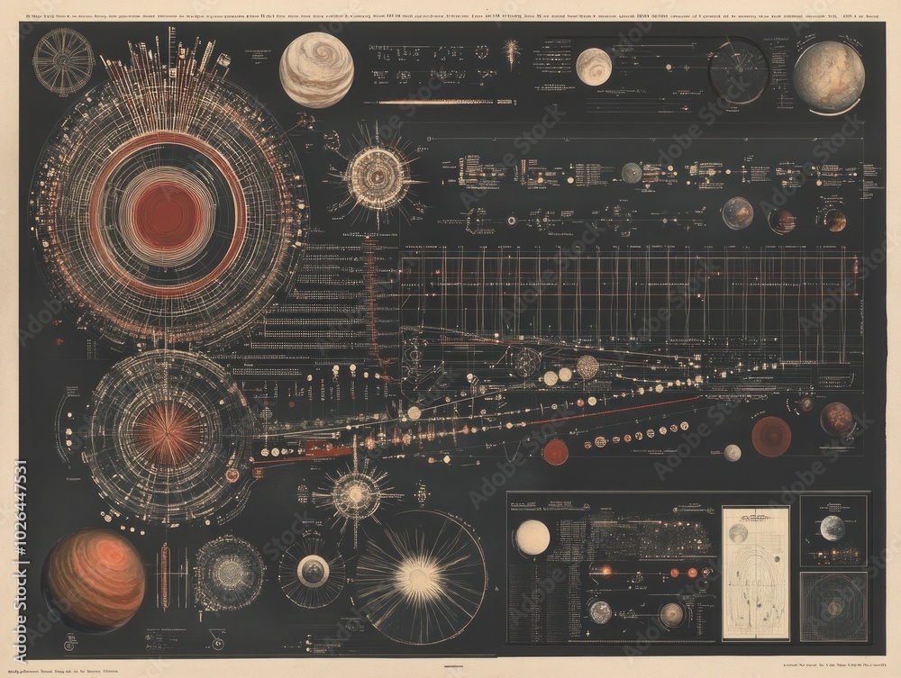 Fototapeta premium A detailed infographic depicting the solar system with planets, moons, and other celestial objects.