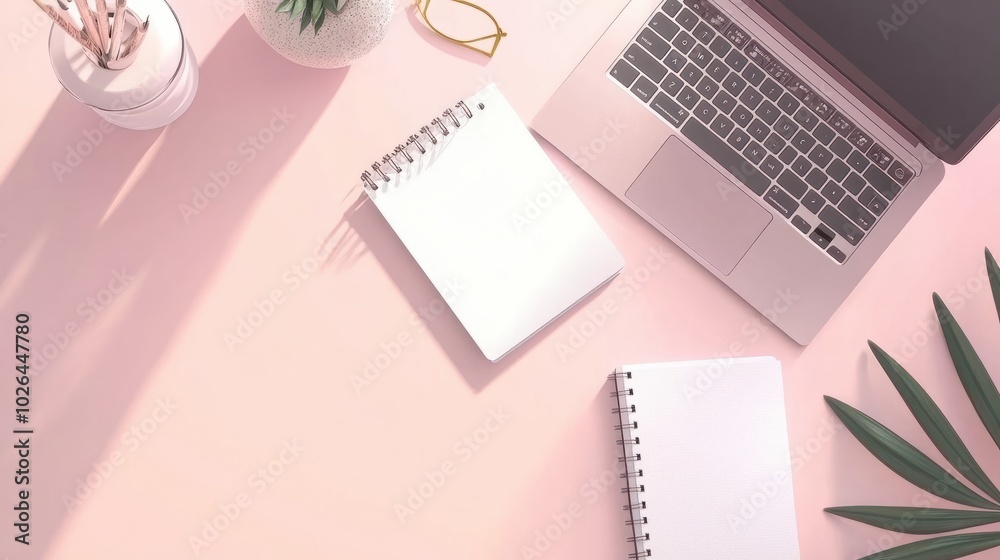 Feminine desk flat lay with laptop and open notebook Feminine desk flat lay with laptop and open notebook