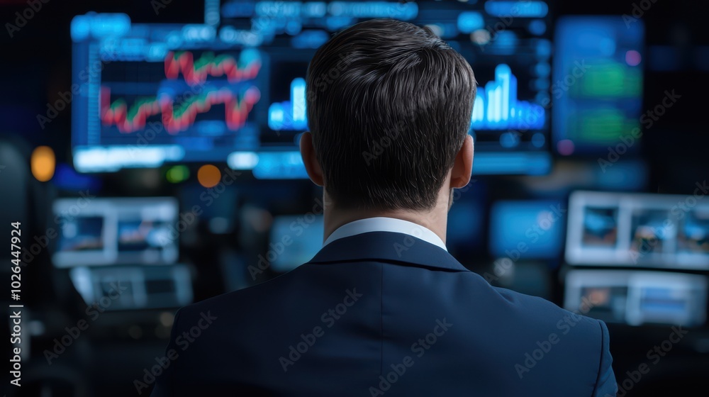 A man in a suit analyzing financial data on multiple screens in a modern office environment. A man in a suit analyzing financial data on multiple screens in a modern office environment.