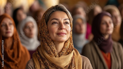 A woman wearing a headscarf looks up with a thoughtful expression in a crowd of other women.