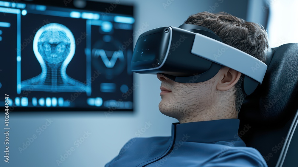 A person using a virtual reality headset in a futuristic environment, experiencing immersive digital content.