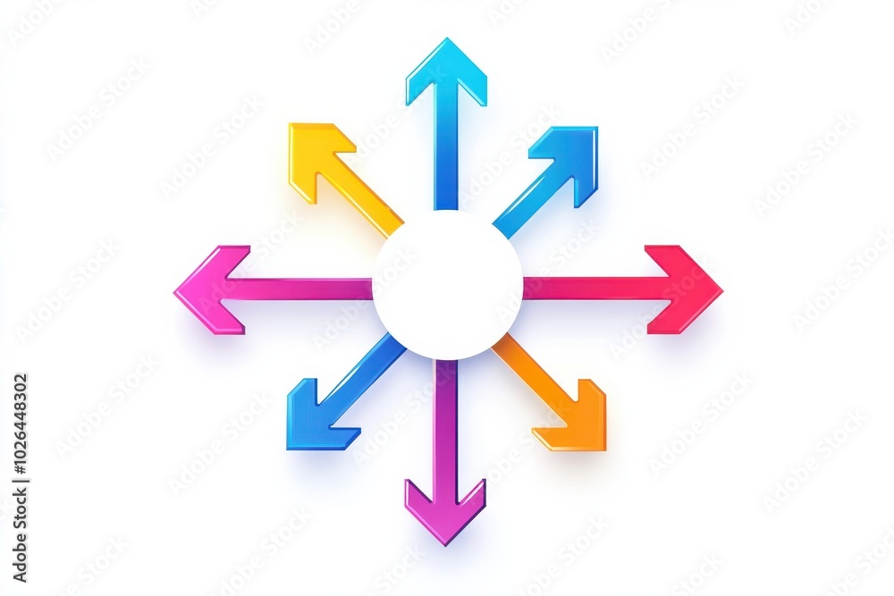 Colorful circular infographic design with arrows pointing outwards in various directions on a white background Colorful circular infographic design with arrows pointing outwards in various directions on a white background