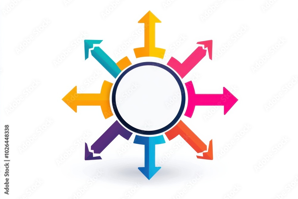 Colorful flat-style illustration of arrows pointing in multiple directions with a central circle symbolizing diverse paths and decision-making. Colorful flat-style illustration of arrows pointing in multiple directions with a central circle symbolizing diverse paths and decision-making.