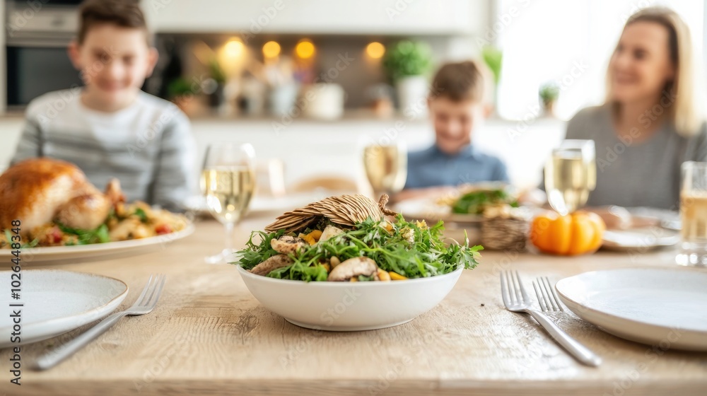 A family enjoys a delicious meal together, showcasing a fresh salad as the centerpiece on a beautifully set dining table. A family enjoys a delicious meal together, showcasing a fresh salad as the centerpiece on a beautifully set dining table.