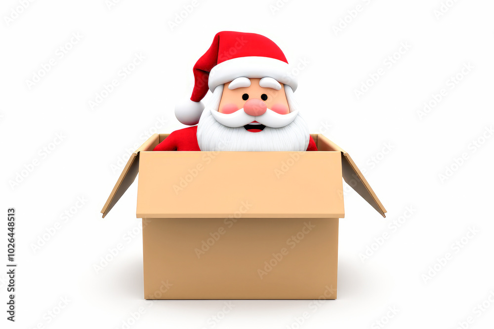 cartoon the head of a laughing Santa Claus peeks out of a cardboard box, isolated white background cartoon the head of a laughing Santa Claus peeks out of a cardboard box, isolated white background