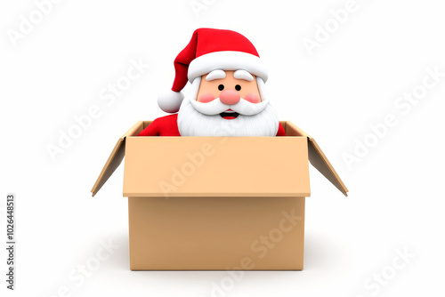 cartoon the head of a laughing Santa Claus peeks out of a cardboard box, isolated white background