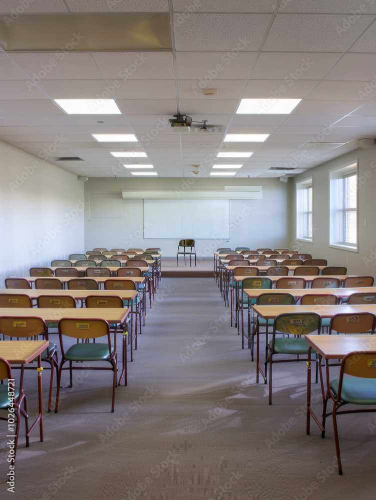 A clean, empty classroom with rows of blue desks and a ceiling-mounted projector, awaiting students in a well-lit environment. A clean, empty classroom with rows of blue desks and a ceiling-mounted projector, awaiting students in a well-lit environment.