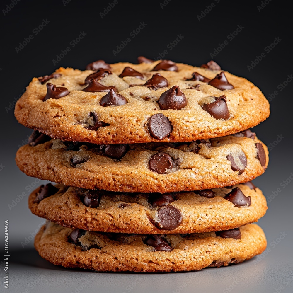 Stack of four freshly baked chocolate chip cookies on a dark surface showing crispy golden brown edges and rich chocolate chunks. Stack of four freshly baked chocolate chip cookies on a dark surface showing crispy golden brown edges and rich chocolate chunks.