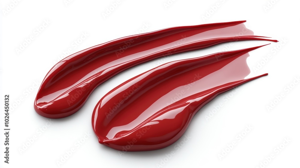 Two smooth red paint strokes on a white background with a glossy and shiny texture. Two smooth red paint strokes on a white background with a glossy and shiny texture.