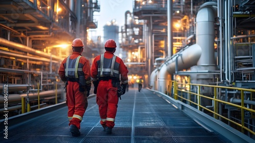 Workers performing a full safety gear inspection before entering a restricted zone in a petrochemical plant.