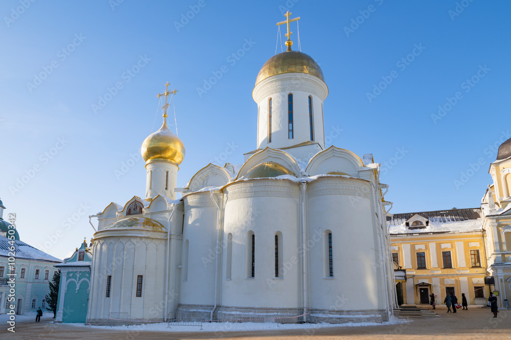 Fototapeta premium The medieval Cathedral of the Life-Giving Trinity on a sunny January day. Holy Trinity Sergius Lavra, Sergiev Posad. Moscow Region, Russia