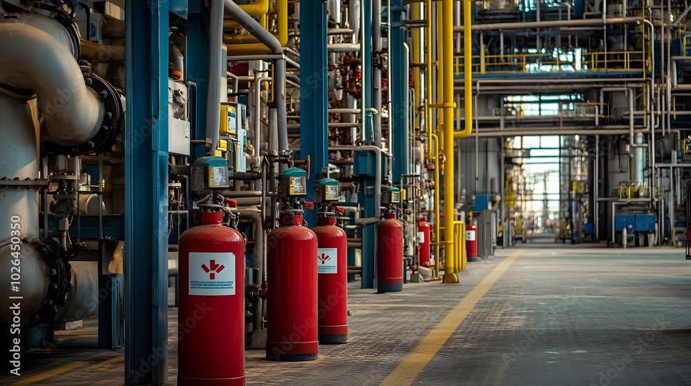A tight frame on safety stations with first-aid kits, fire extinguishers, and emergency breathing apparatuses in a petrochemical facility. A tight frame on safety stations with first-aid kits, fire extinguishers, and emergency breathing apparatuses in a petrochemical facility.