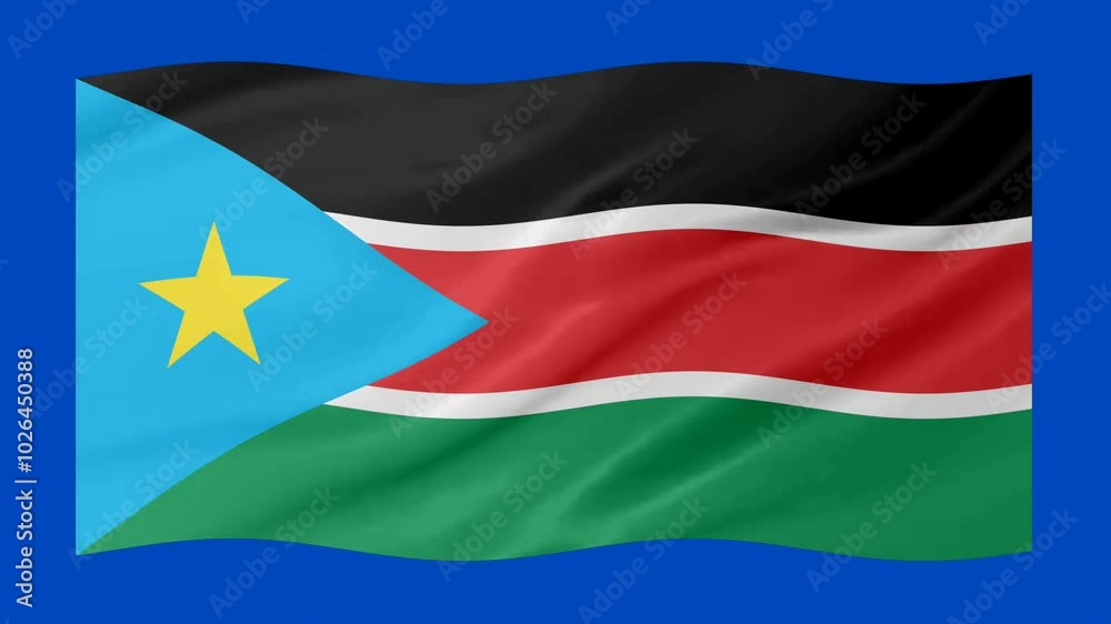 South Sudan waving flag loop animation with glowing 3d shade isolated on blue background South Sudan waving flag loop animation with glowing 3d shade isolated on blue background