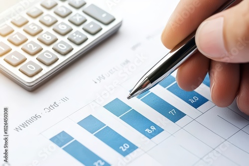 Close-up of a hand holding a pen over a financial chart with a calculator in the background.