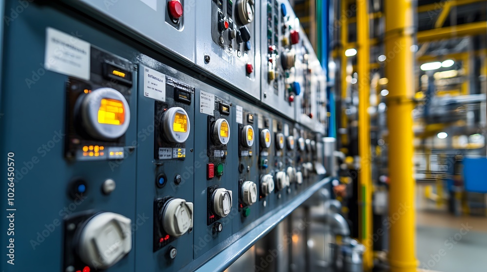 A detailed view of safety control panels and emergency shutdown buttons in a petrochemical plant.