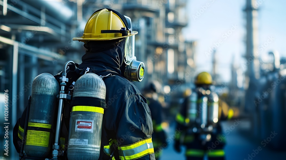 A macro view of fire-resistant suits and self-contained breathing apparatuses (SCBA) in a petrochemical plant.