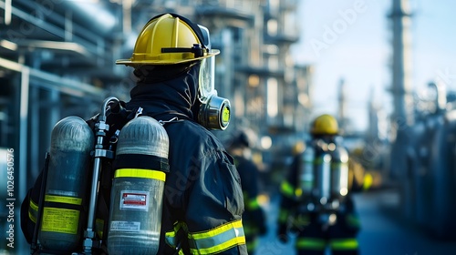 Obraz na płótnie A macro view of fire-resistant suits and self-contained breathing apparatuses (SCBA) in a petrochemical plant. w salonie