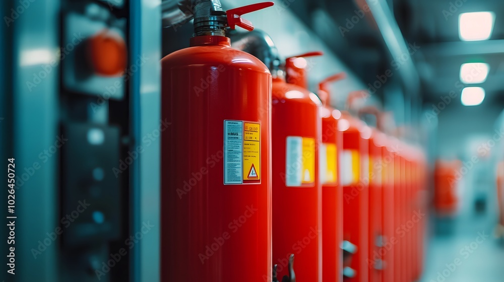 A close-up of personal protective equipment (PPE) lockers and fire extinguishers in a petrochemical plant. A close-up of personal protective equipment (PPE) lockers and fire extinguishers in a petrochemical plant.