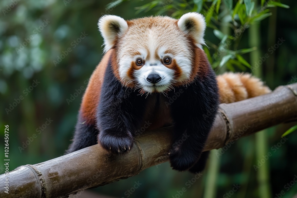Fototapeta premium Red pandas climbing bamboo stalks, their fluffy tails trailing behind them as they navigate their forested enclosure