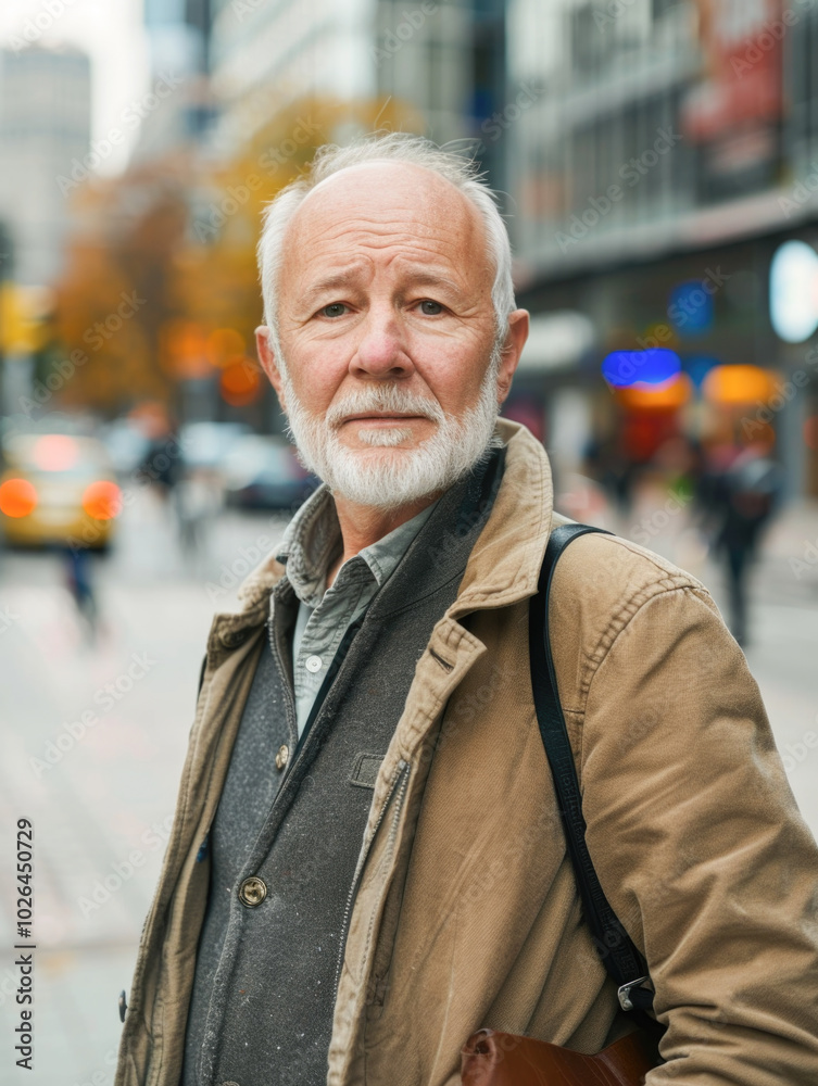 An elderly man with a thoughtful expression stands on a busy urban street, surrounded by blurred city activity. An elderly man with a thoughtful expression stands on a busy urban street, surrounded by blurred city activity.