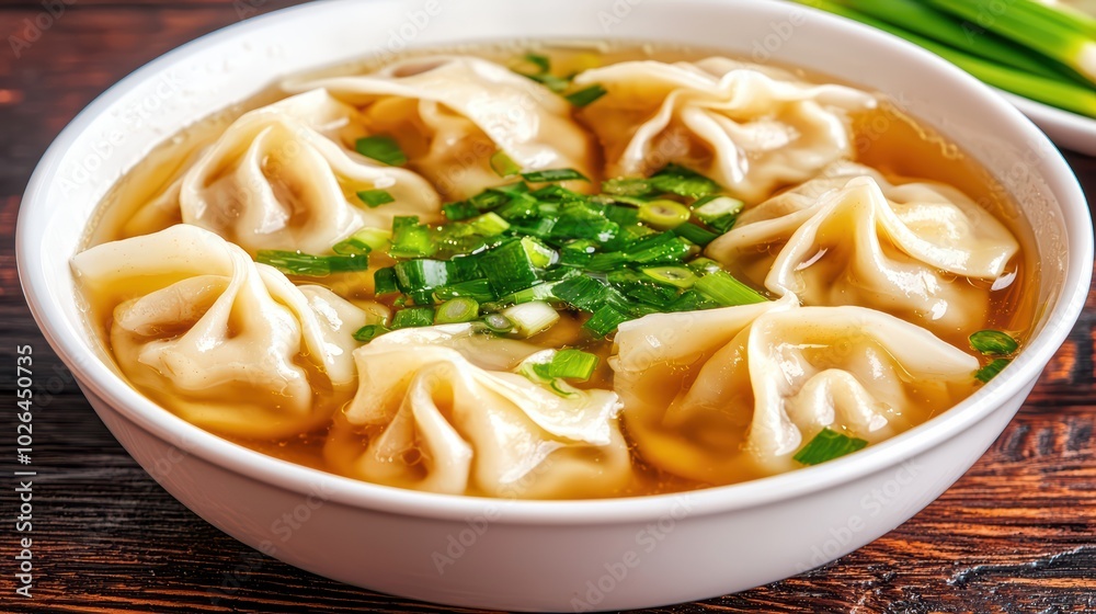 Delicious bowl of dumplings in a savory broth, garnished with green onions. Perfect for a cozy meal. Delicious bowl of dumplings in a savory broth, garnished with green onions. Perfect for a cozy meal.