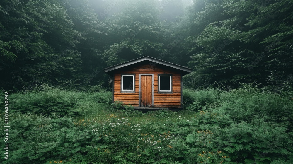 Wooden cabin surrounded by dense green forest and lush vegetation, with misty atmosphere in a tranquil natural setting.