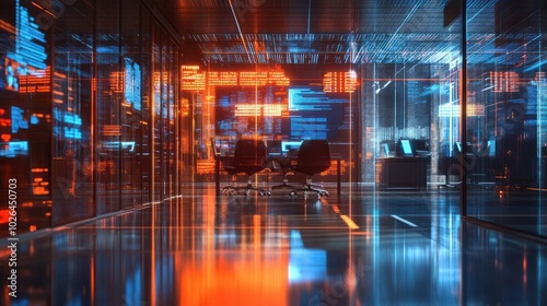 Wallpaper Mural Modern neon cyberpunk open space office interior blurred with information technology overlay. Corporate strategy for finance, operations, marketing Torontodigital.ca