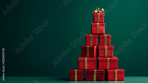 red Christmas gift boxes with golden ribbons stacked on green background