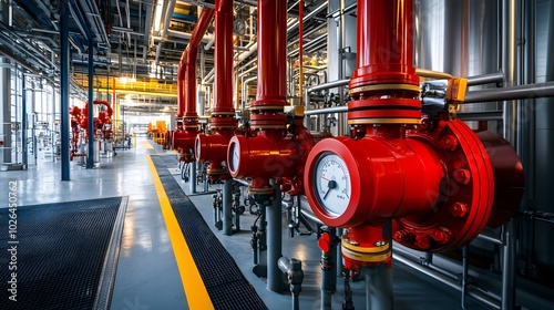 Fire suppression systems and safety alarms installed near high-pressure equipment in a petrochemical plant. photo