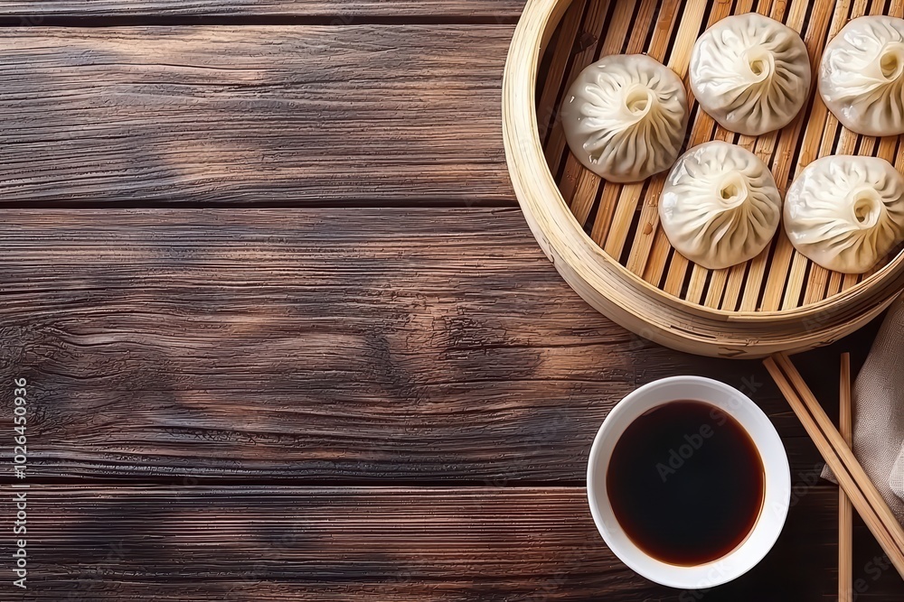 Delicious dumplings served in a bamboo steamer with a bowl of soy sauce on a rustic wooden table. Delicious dumplings served in a bamboo steamer with a bowl of soy sauce on a rustic wooden table.