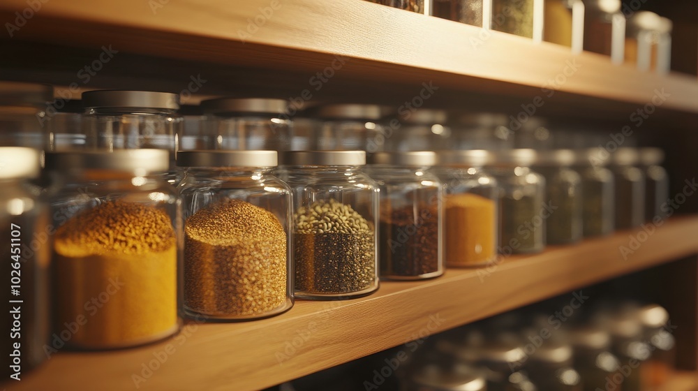 Assorted jars filled with spices on wooden shelves Assorted jars filled with spices on wooden shelves