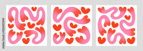 Valentine's day abstract hand drawn surreal trendy illustrations, backgrounds set. Fluid organic shape blobs, hearts, squiggles, wavy doodle stripes inscribed in a square. Dotwork stipples shading.