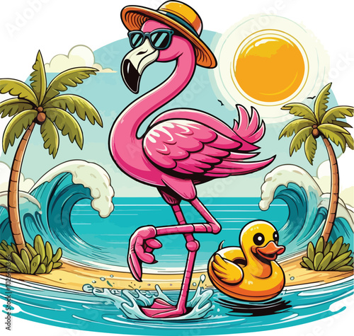 One-Legged Chill Flamingo In Paradise, Summer Vibes Only.